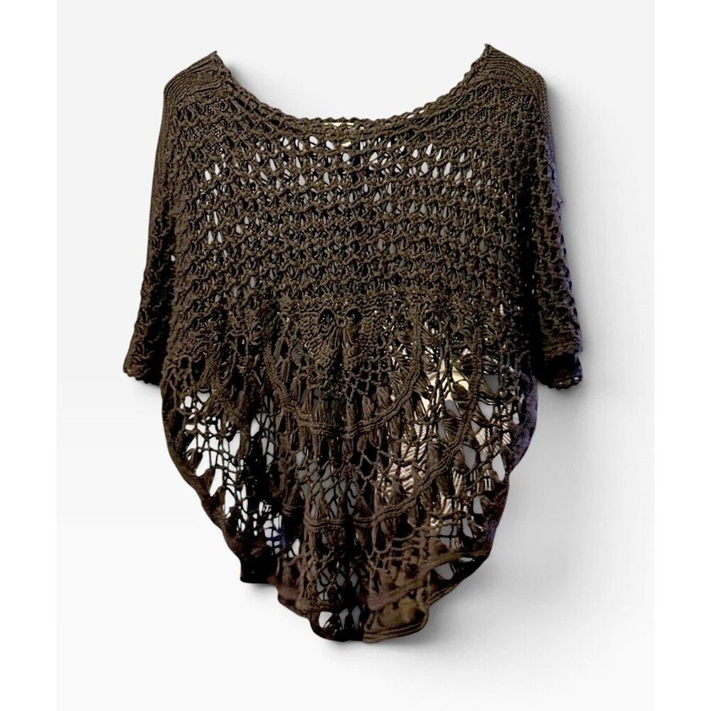 One World 2X Crochet Poncho Top Dark Brown Open Knit Boho Plus Size